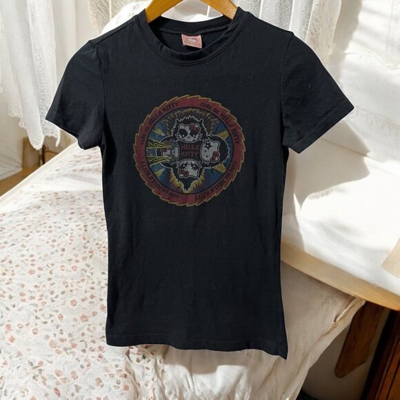 Y2K 2005 Sanrio Hello Kitty X KISS Black Baby Tee "Cute as Hello Kitty" Size S - Picture 2 of 8
